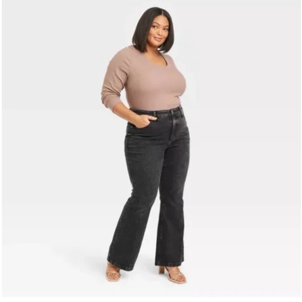 Ava & Viv Women's High-Rise Relaxed Flare Jeans-Black Wash